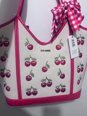 Steve Madden Cream Canvas Tote with Pink Cherry Embroidery